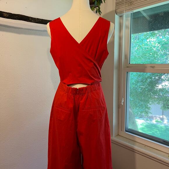 J. Crew Red Wrap Bow Tie Wide Leg Cropped Sleeveless Jumpsuit Size 6 - Picture 14 of 16
